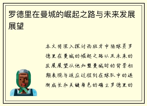 罗德里在曼城的崛起之路与未来发展展望